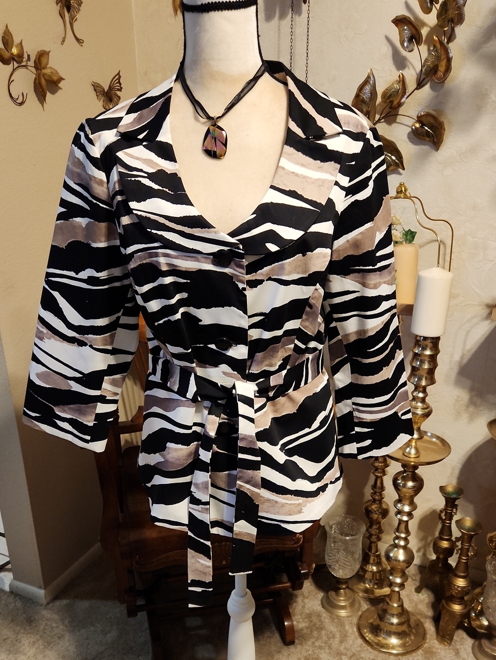 Sandro Black, White & Taupe Zebra-Print Belted Blazer